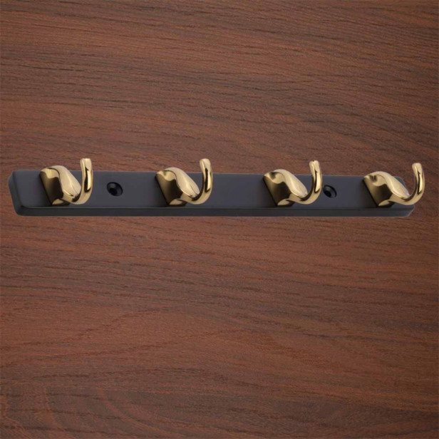 Ferio 4 Pin Zinc Bathroom Cloth Hooks Hanger Door Wall Bedroom Bathroom Robe Hooks Rail for Hanging Keys, Clothes, Towel Hook (Gold nd Black ) (Pack of 1)