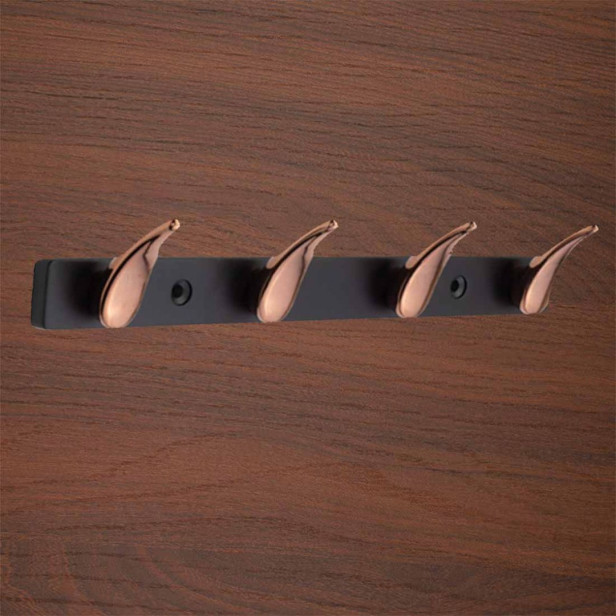 Ferio 4 Pin Bathroom Cloth Hook Zinc  Hanger Wall Mounted Bedroom Cloth Hanger, Cloth Wall Hook, Door Hooks Rail for Hanging Keys, Towel Black & Rose Gold Finish (Pack OF 1)