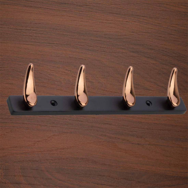 Ferio 4 Pin Bathroom Cloth Hook Zinc  Hanger Wall Mounted Bedroom Cloth Hanger, Cloth Wall Hook, Door Hooks Rail for Hanging Keys, Towel Black & Rose Gold Finish (Pack OF 1)